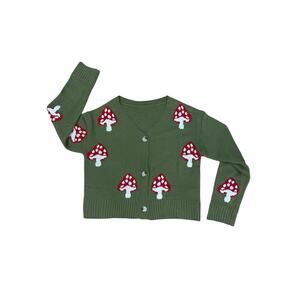 SHEIN Green Mushroom Cardigan Cropped Button Down Size S V-Neck Long Sleeve Cute